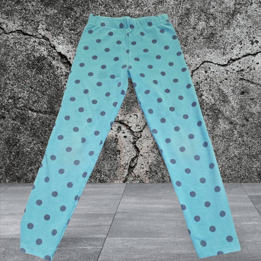 (PRIMARY) Kids Size 7 Teal Leggings with Navy Dots. Has Some Ware(Veiw Pics)